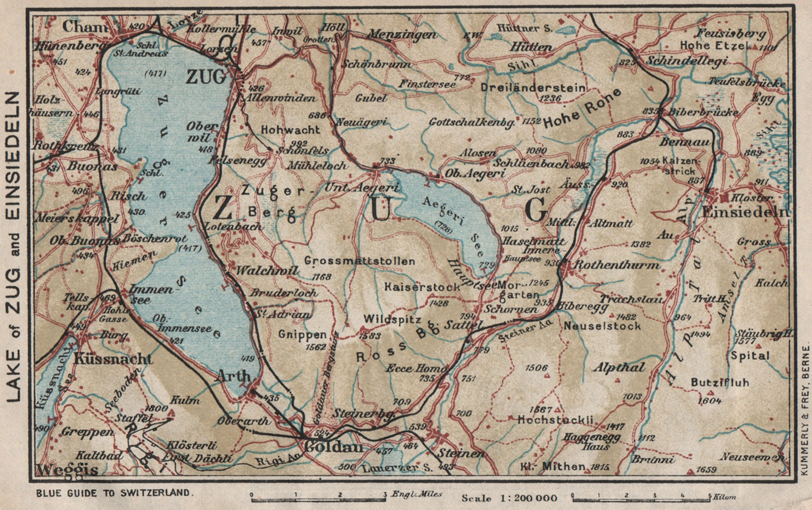 LAKE OF ZUG AND EINSIEDELN. Cham Goldau Küssnacht. Vintage map. Switzerland 1930